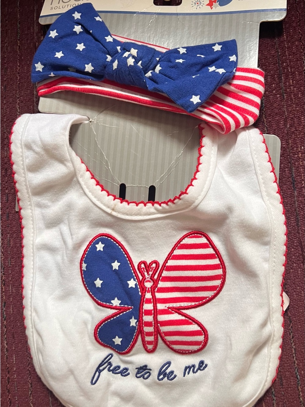 Patriotic Butterfly Baby Bib & Headband Set - White, Red & Blue New